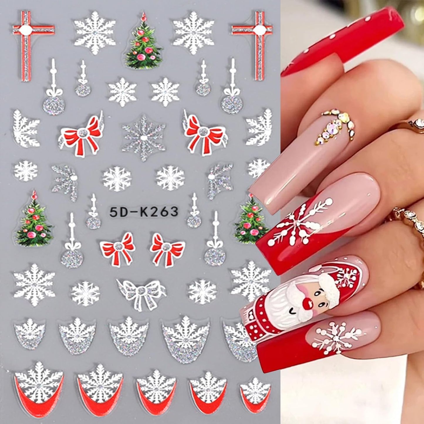 5D Christmas Nail Art Stickers Glitter Snowflakes Nail Decals Red Bells Christmas Tree French Nail Design Self Adhesive Stickers for Women Girls DIY Nail Art Decoration (Gold Silver)