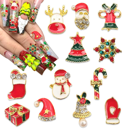 12 Pcs Colorful Christmas Nail Charms Glitter 3D Alloy Snowman Snowflake Reindeer Bell Nail Art Charms Metal Diamonds Nail Rhinestones Crystals Nail Gems Winter Xmas Gift Nail Supplies for Women DIY
