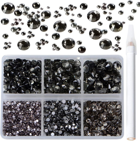 Bymitel 5000 Pieces 6 Mixed Sizes Glue Fix on Glass Rhinestones Round Crystal Gems Flatback for DIY Jewelry Making with one Picking Pen(6-Sizes 5000PCS, Black Diamond)