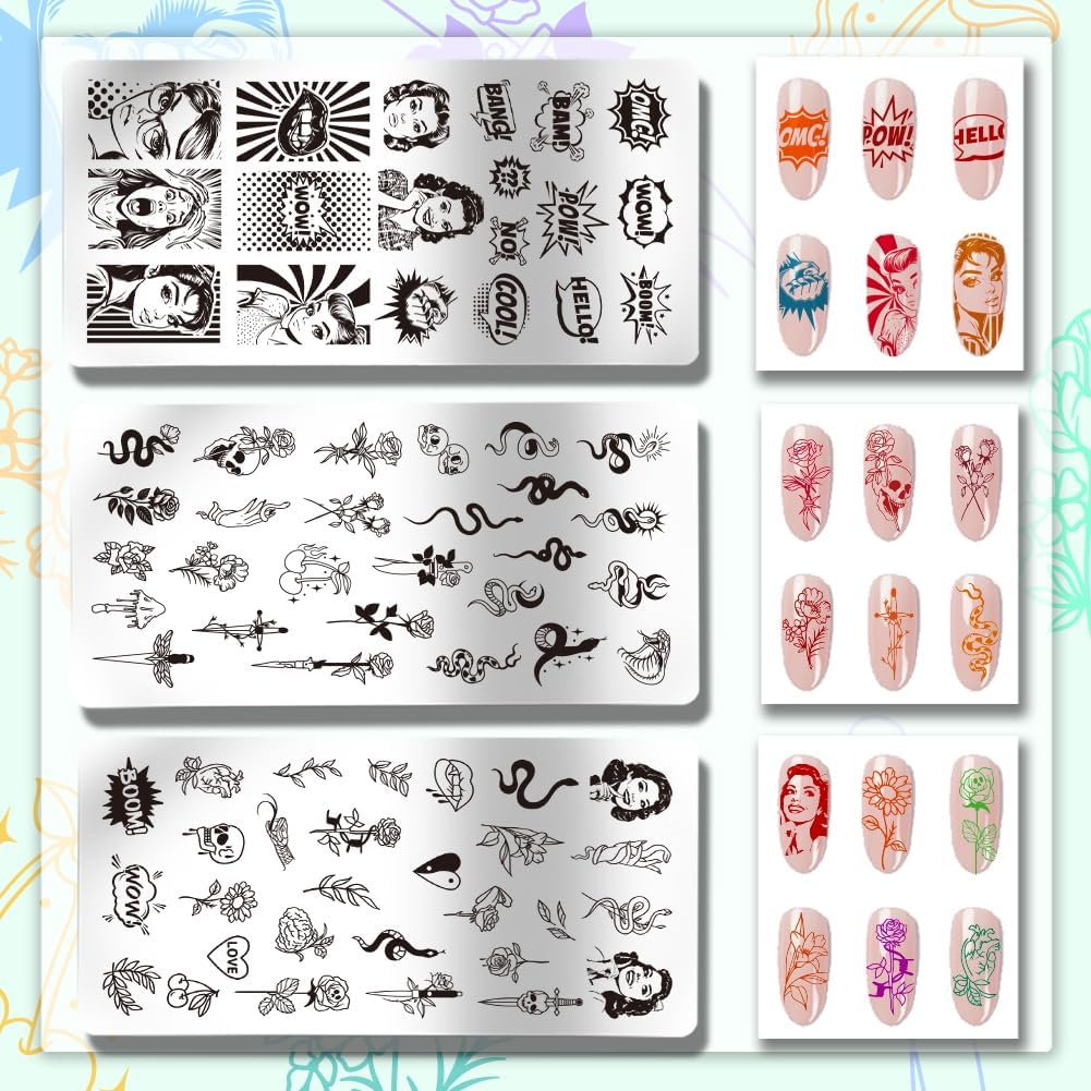 PH PandaHall 3pcs Comic Text Nail Stamping Plates, Retro Avatar Snake Rose Skull Nail Stamper Nail Art Stencils Print Nail Stencils Stainless Steel Nail Image Plate for Nail Art Design Manicure Salon