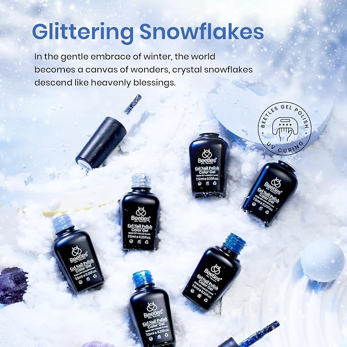 Beetles Winter Gel Polish Set, Glitter Snowflakes Collection Christmas Polish Set, White Glitter Navy Blue Silver Nails Color Gel Soak off UV LED Lamp Gift for Christmas