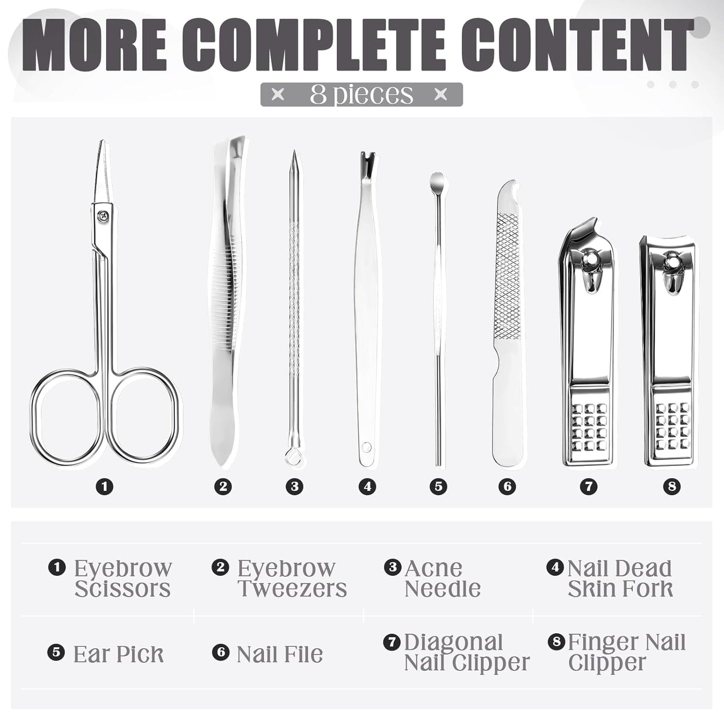 Geosar 12 Set 8 in 1 Manicure Set Stainless Steel Nail Clippers Kit Pedicure Care Tools with Leather Case Travel Grooming Kit Gift for Women Men(Glitter Silver)