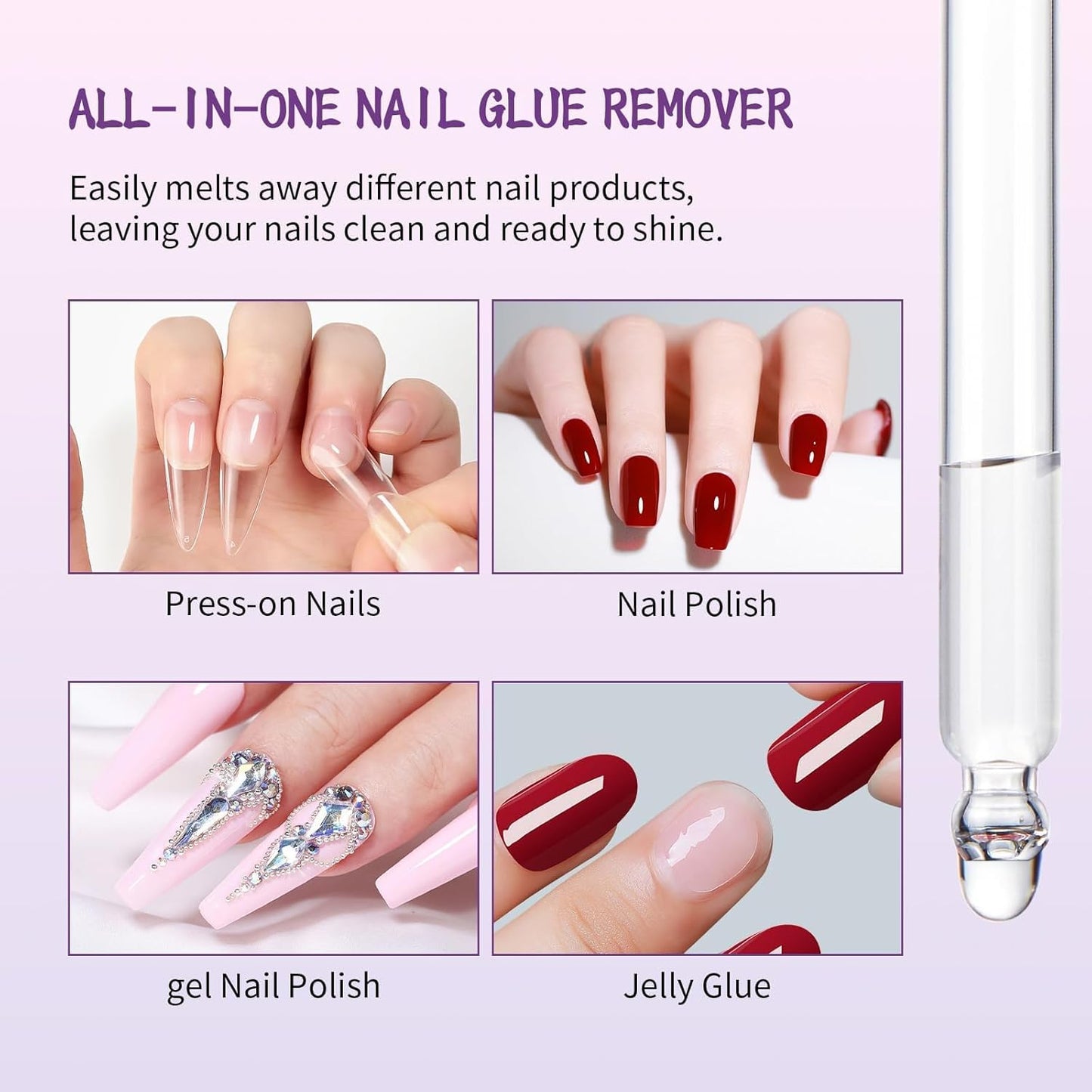 60 ML Nail Glue Remover for Press on Nails with Crystal Stick, Acetone-Free Odorless Nail Gel Glue Remover, Soft Painless Removal for Nail Tips