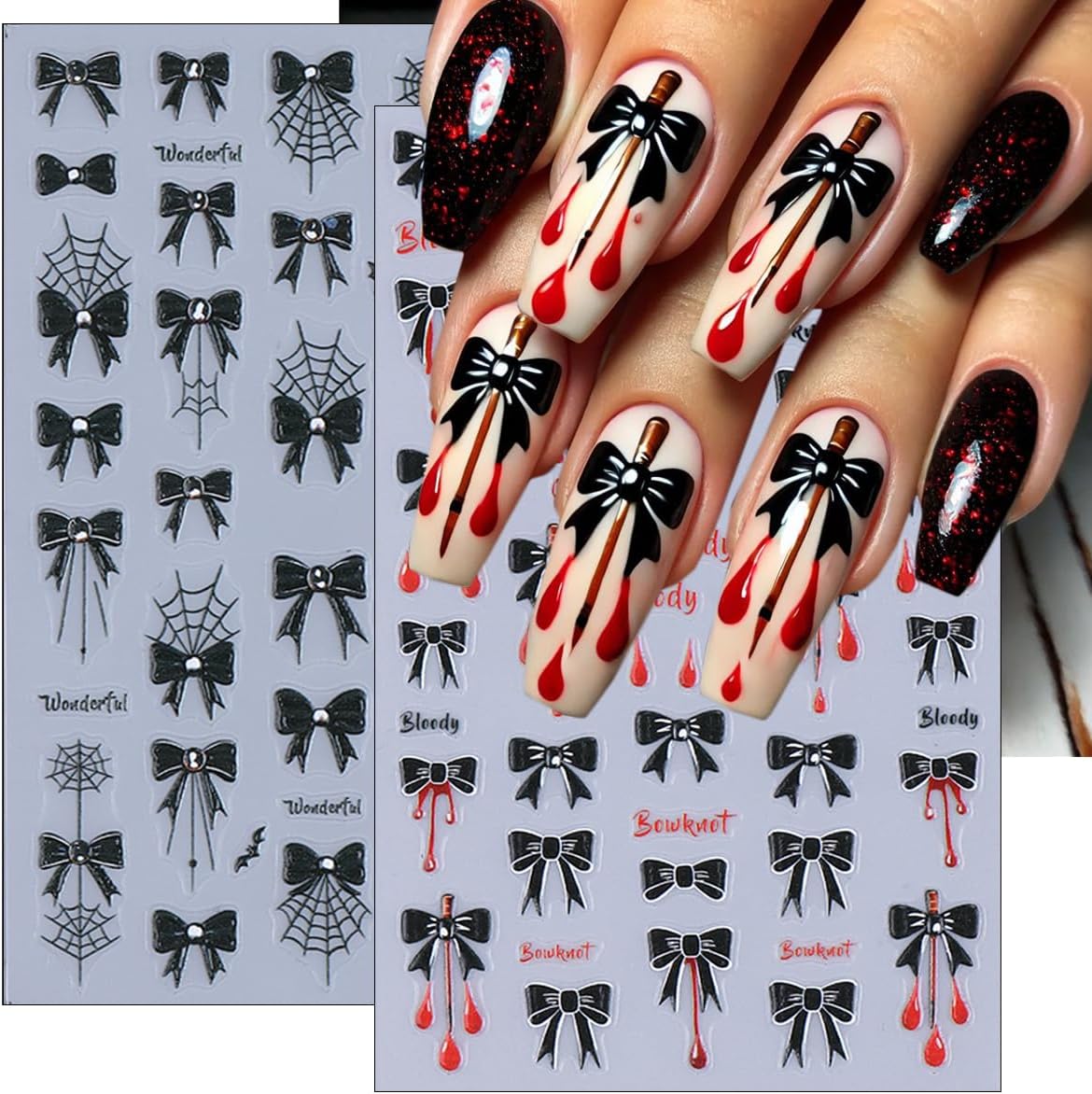 4 Sheets Halloween Nail Art Stickers Black Bow Spider Web Y2K Nail Decals 3D Self-Adhesive Bloody Drop Bowknot Nails Stickers Gothic Halloween Nails Decorations for Women Holiday DIY Manicure Supplies