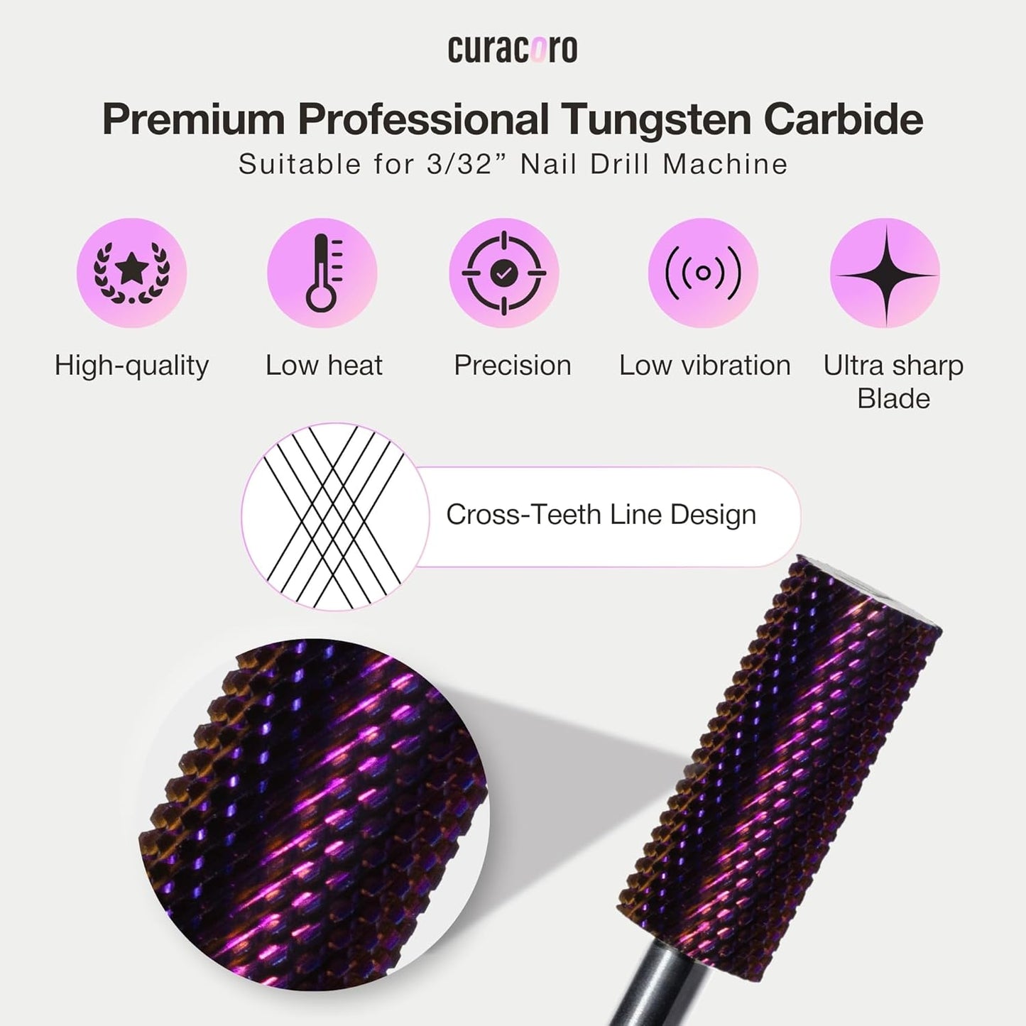 Curacoro Nail Drill Bits 3/32'' - Small Barrel Carbide Bit (Medium) for Professional Finish, Precisely Remove, Refine, Smooth Acrylic or Gel Nails, Nail Art Pedicure Manicure Salon & Home