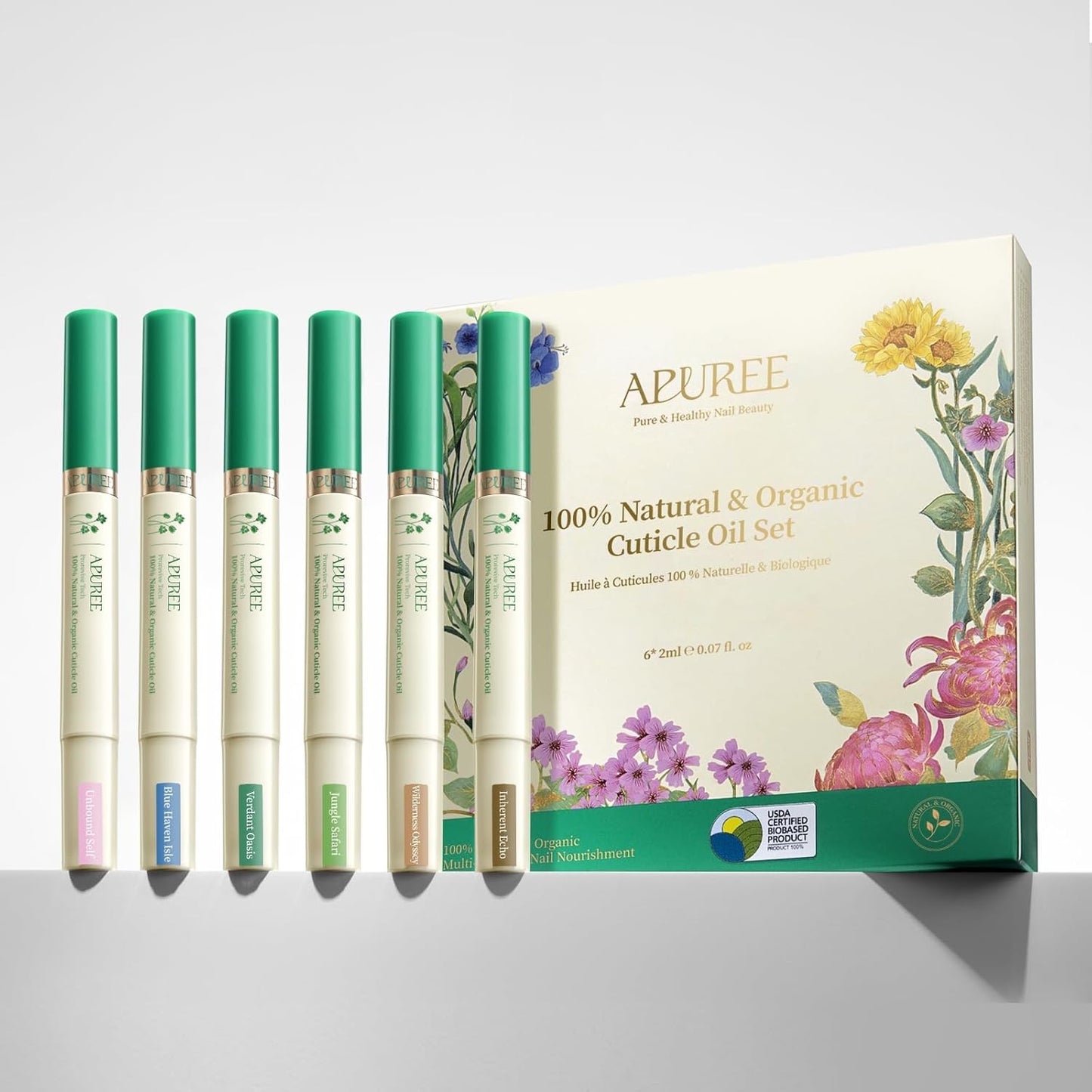 APUREE Organic Cuticle Oil Set: 100% Pure (6pcs)| Moisturing for Dry Cuticle & Nail Growth| USDA Verified & Cold Pressed Hexane Free| Manicure Prep Care| All Skin Type| Vegan & Cruelty Free| Gift Set