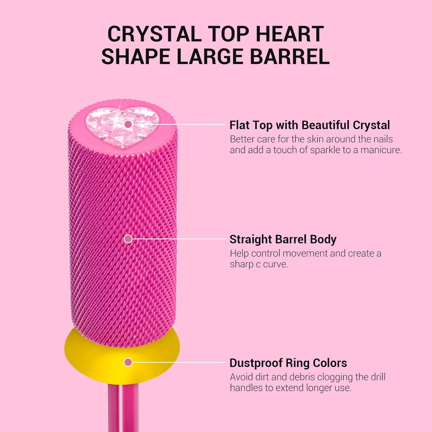 MelodySusie Large Barrel 3/32'' Tungsten Carbide Nail Drill Bit, Crystal Top Pink Heart Shape, Fast Remove Acrylic Gel, Cuticle Gel Polishing for Manicure Pedicure, Pink Blossom, Series Bit-S, XF