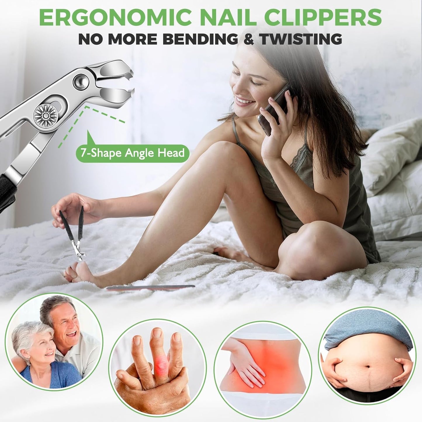 Toenail Clippers for Thick Toenails for Seniors, Angled Head Large Toe Nail Clippers for Men, Heavy Duty Fingernail Clipper with Catcher, Ultra Sharp Big Nail Cutters Set with Long Handle, Wide Jaw