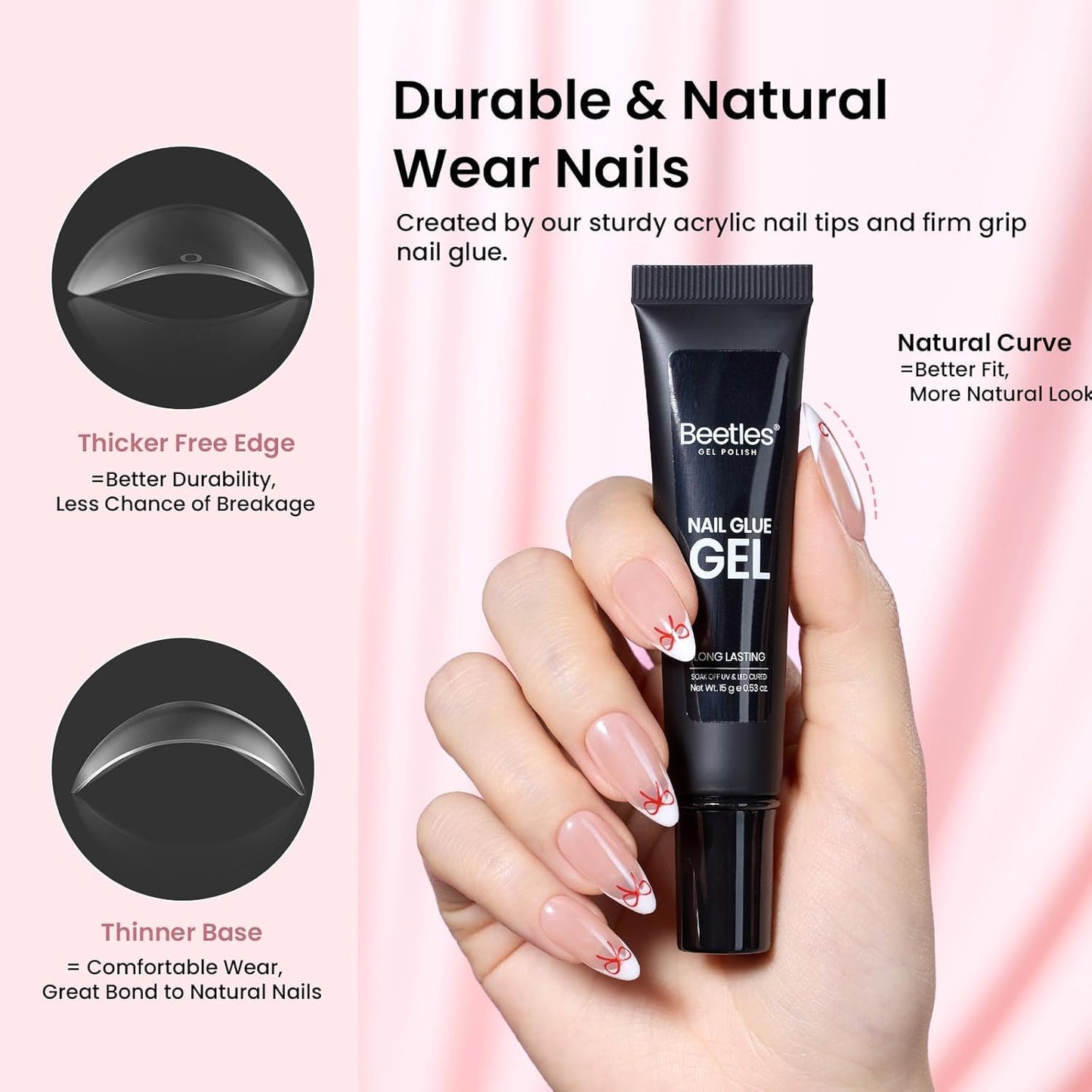 Beetles Gel Nail Kit Medium Almond with Nail Dehydrator and Primer, 576Pcs Half Matte Etch-X Gel Nail Tips Solid Nail Glue Mini Nail Lamp Acrylic Nail Tips Easy DIY Nail Extension Set Gift for Women