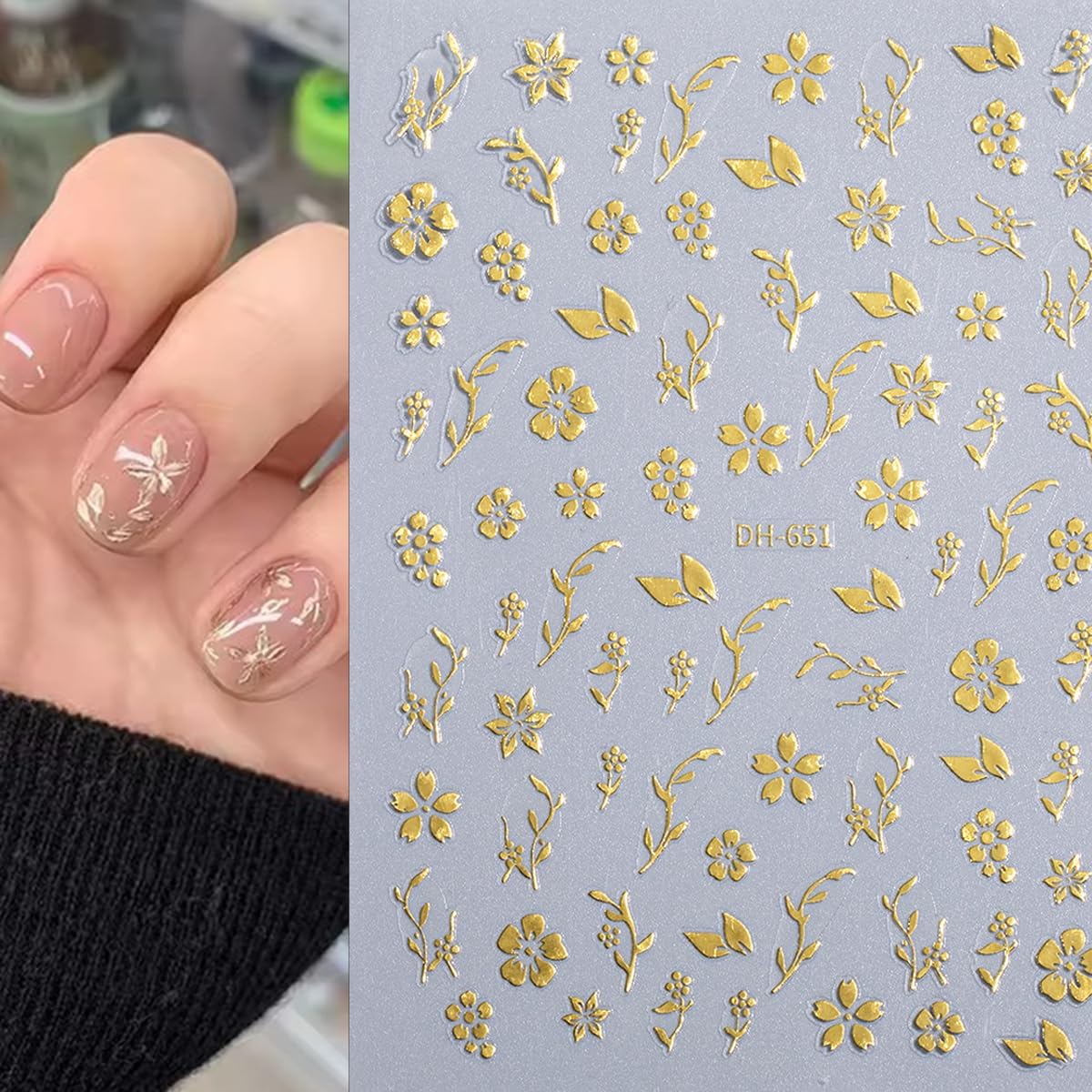 6 Sheets Flower Nail Stickers 3D Metallic Flower Leaf Nails Decals White Silver Gold Floral Nail Art Stickers Self Adhesive Hibiscus Flowers Nail Art Design Sticker for Women DIY Nail Accessories