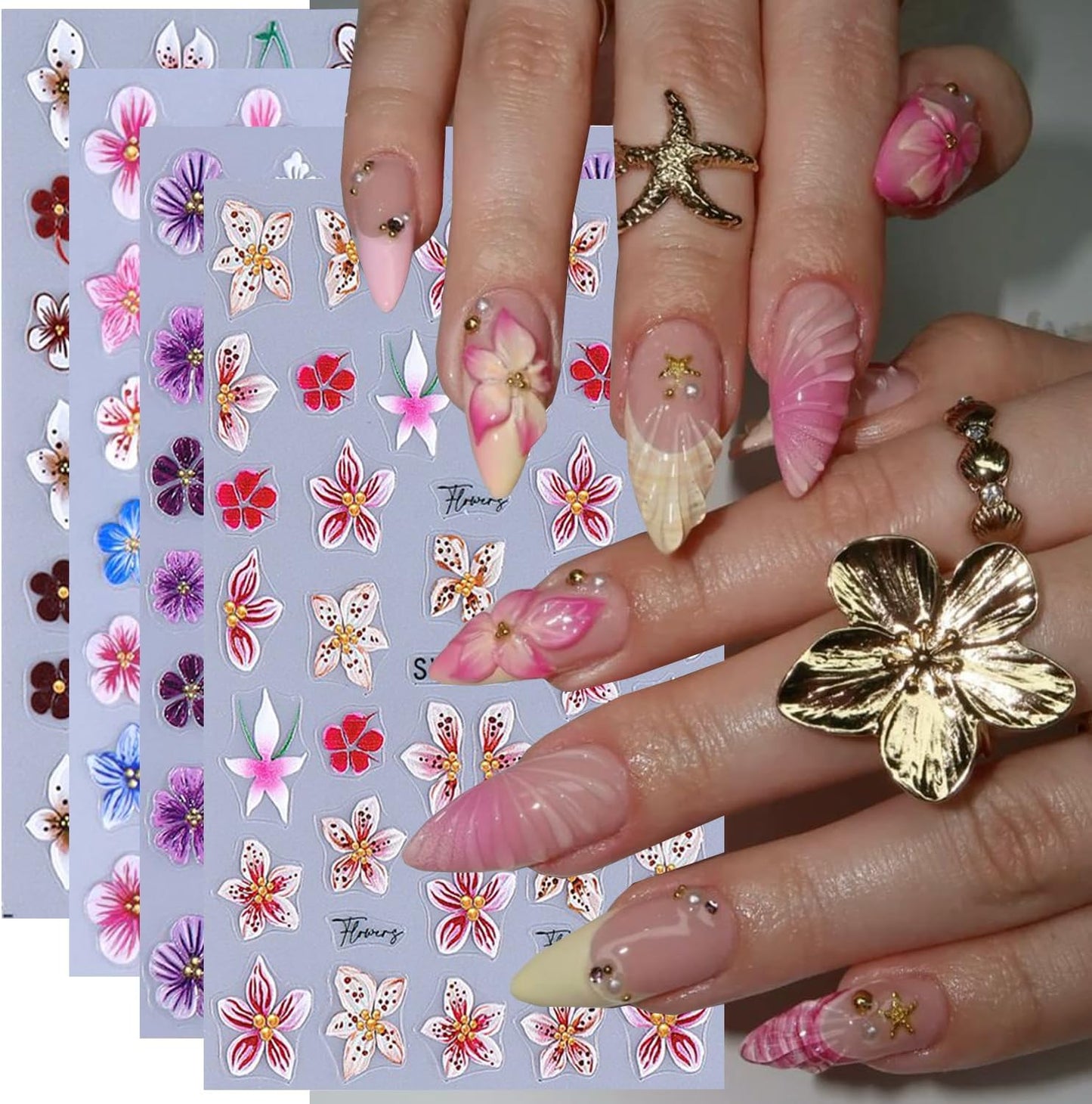 Flower Nail Stickers for Nail Art 5D Embossed Spring Summer Lily Hawaiian Flower Adhesive Nail Stickers Floral Nail Decals Summer Flowers Nails Design Manicure Supplies para Uñas Decor 4Pcs