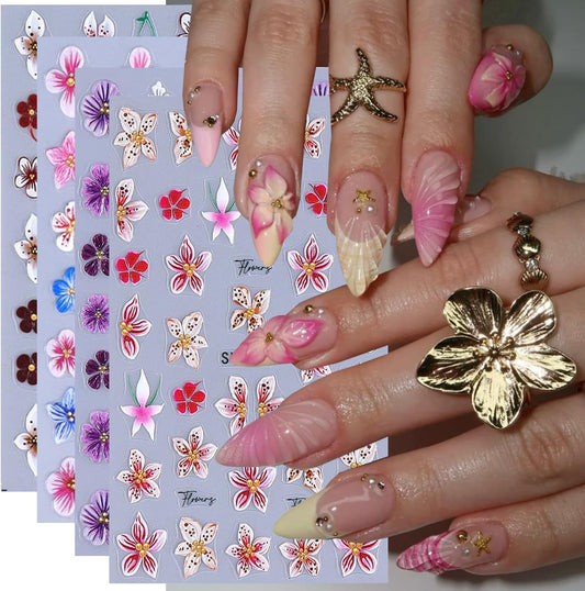 Flower Nail Stickers for Nail Art 5D Embossed Spring Summer Lily Hawaiian Flower Adhesive Nail Stickers Floral Nail Decals Summer Flowers Nails Design Manicure Supplies para Uñas Decor 4Pcs