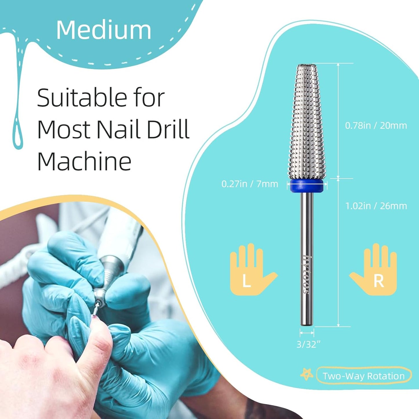Long 5 in 1 Nail Drill Bits, 20mm Medium Straight Cut Tapered Nail Bit, 3/32 Two-way Safety Carbide Drill Bits for Nails, Electric Manicure Drills Remove Gel