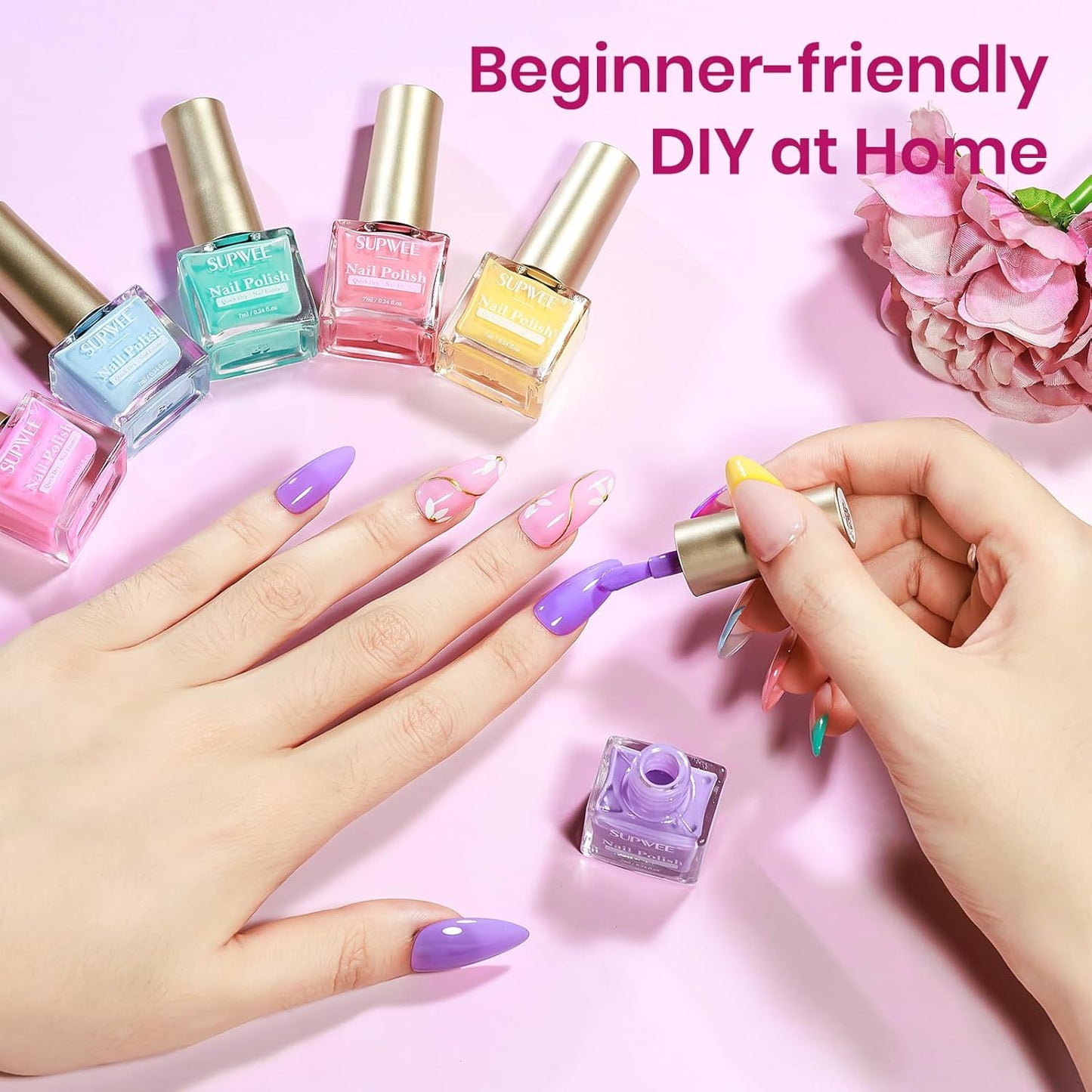 Pastel Nail Polish Set Non Gel, Quick Dry Macaron Nail Polish Spring Summer Color Air Fast Drying Fingernail Lacquer Manicure DIY Salon Gift(Pink Red Yellow Purple Blue Green Colors)