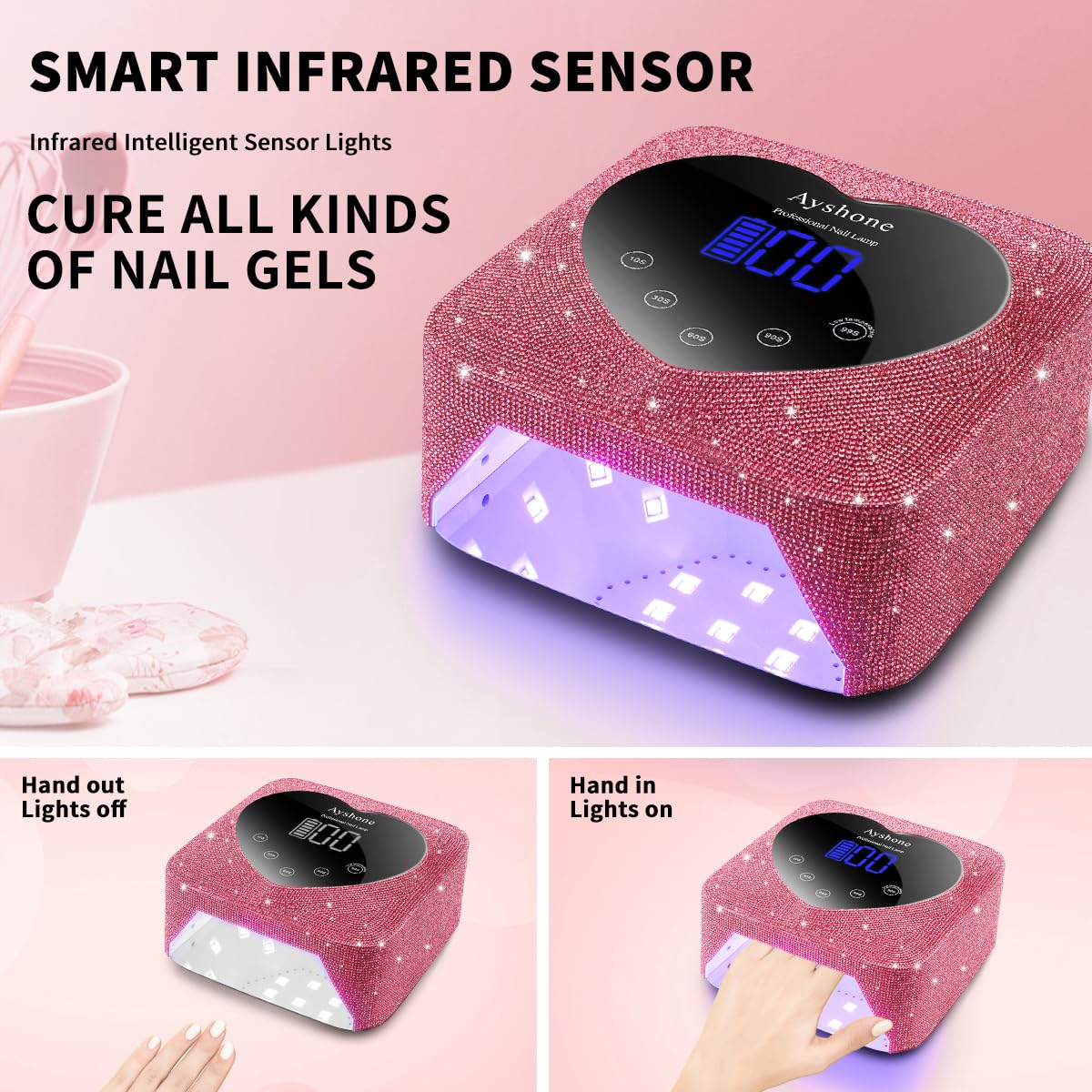 Cordless UV LED Nail Lamp,72W Rechargeable Nail Dryer Gel Polish Light with Large LCD Display,Rechargeable Nail Curing Lamp for Salon & Home (Rose Red Diamond)