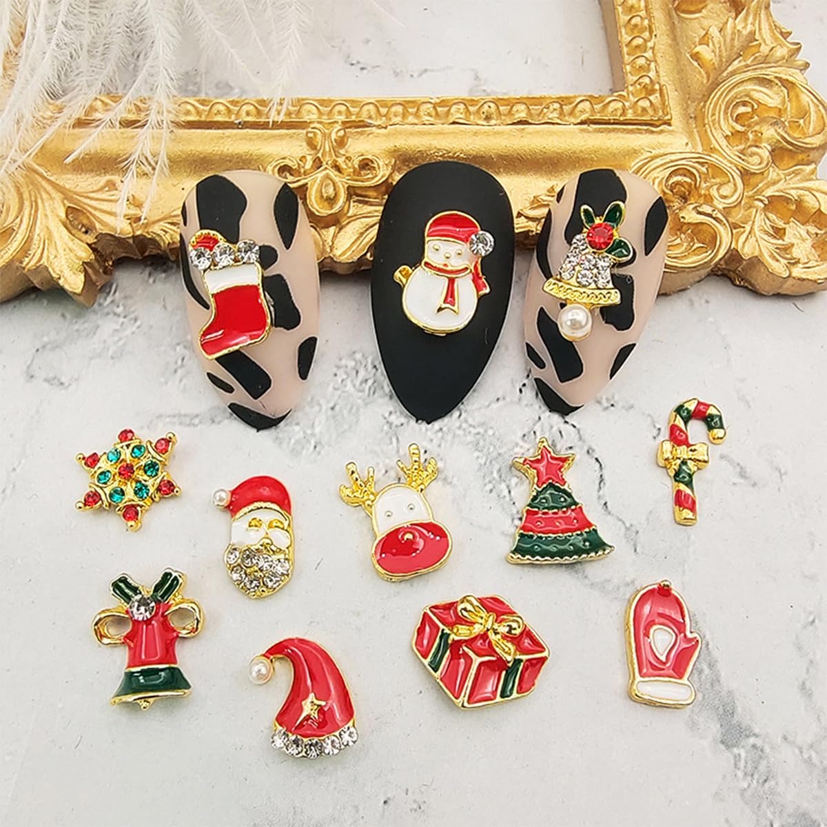 12 Pcs Colorful Christmas Nail Charms Glitter 3D Alloy Snowman Snowflake Reindeer Bell Nail Art Charms Metal Diamonds Nail Rhinestones Crystals Nail Gems Winter Xmas Gift Nail Supplies for Women DIY