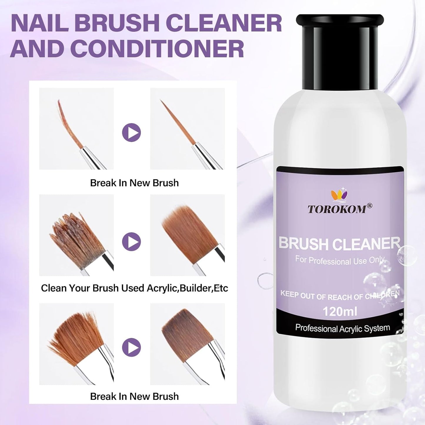 TOROKOM Acrylic Nail Brush Cleaner, 4 OZ Acrylic Brush Cleaner Nail Brush Cleaner Conditioner with Dappen Dish and Nail Cleaning Pads for Quickly Clean Gel Polish, Nail Extension Gel, Acrylic Nails