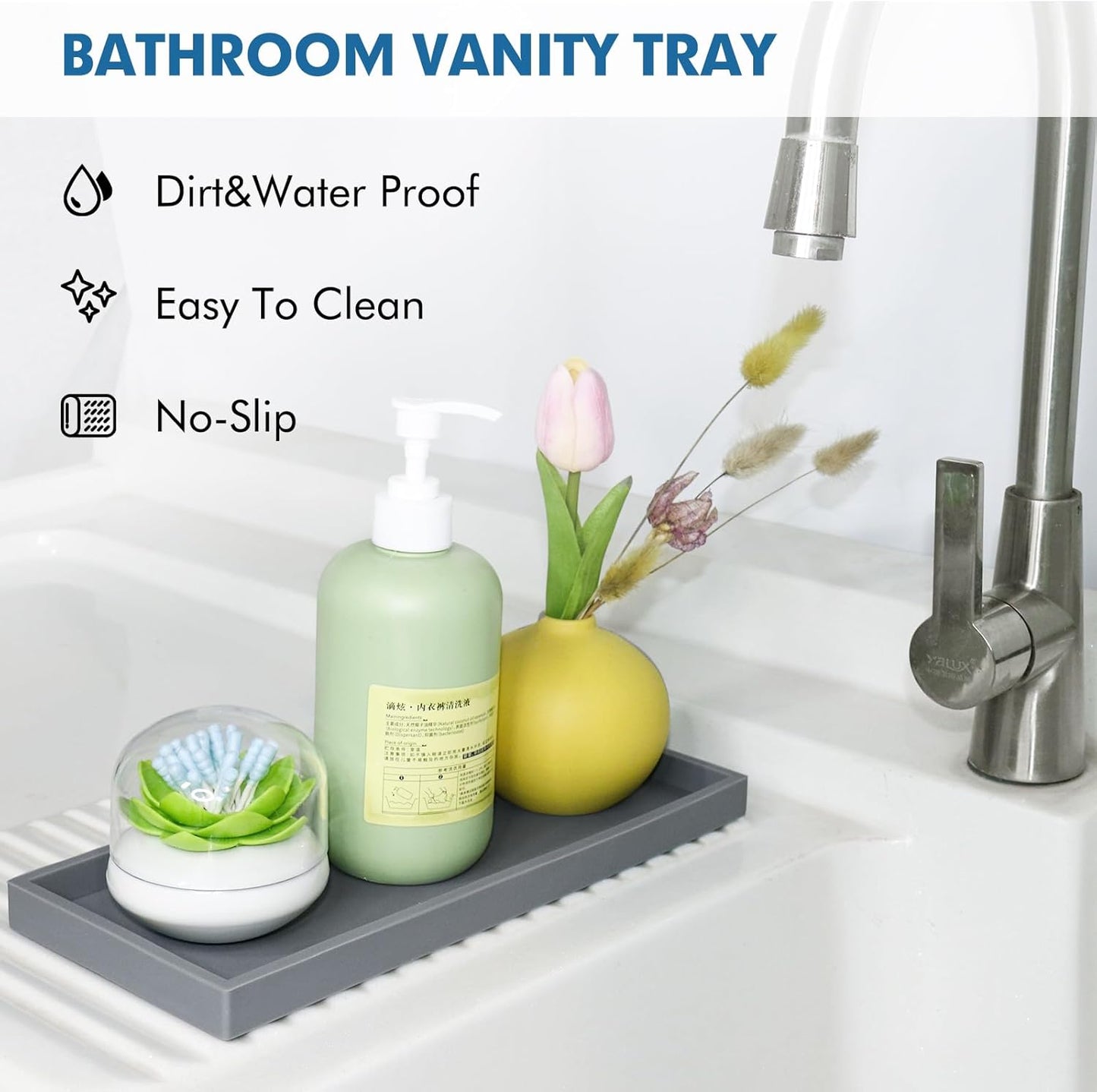 Bloss Silicone Tray Set for Bathroom/Kitchen - 15.7" Bathroom Soap Dispenser Tray and Soap Holder, Silicone Vanity Trays Countertop Organizer for Scrubber, Perfume, Jewelry, Candle Tray