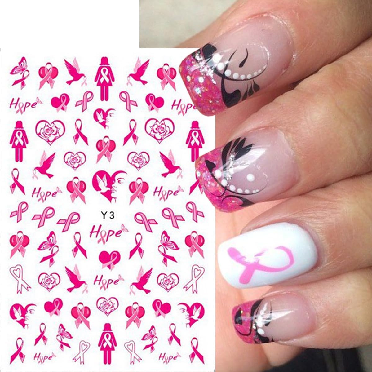 6 Sheets Breast Cancer Nail Art Stickers 3D Heart Pink Ribbon Breast Cancer Awareness Nail Decals Self-Adhesive Design Nail Art Supplies Stitch Nail Stickers for Women DIY Acrylic Manicure Tips Nail