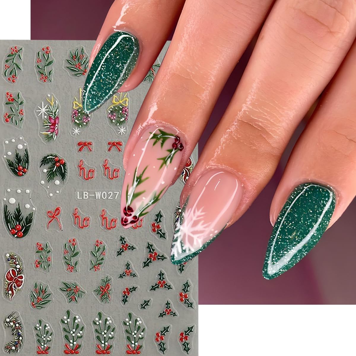 Christmas Nail Art Stickers Holly Leaf Snowflakes Nail Stickers 4PCS 5D Embossed Xmas Nail Decals Christmas Tree String Light Star Candy Cane Xmas Nails Art Design Supplies Adhesive Sliders for Women