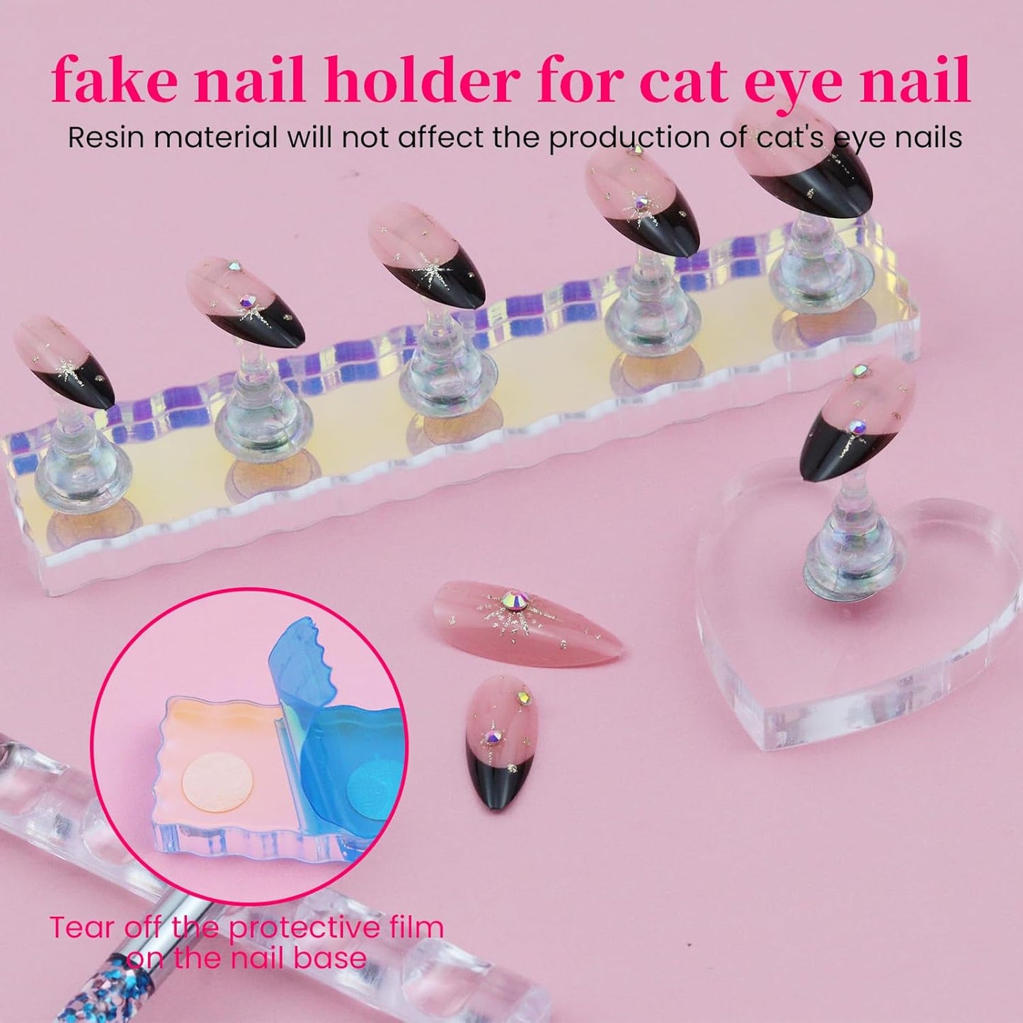 Nail Stand For Press On Acrylic Strong Magnetic Nail Holder Kit For Painting Nails Tip Arts Display With 200PCS Double-Sided Tape And 1 Heart Shaped Acrylic Magnetic Presson Stand Aurora