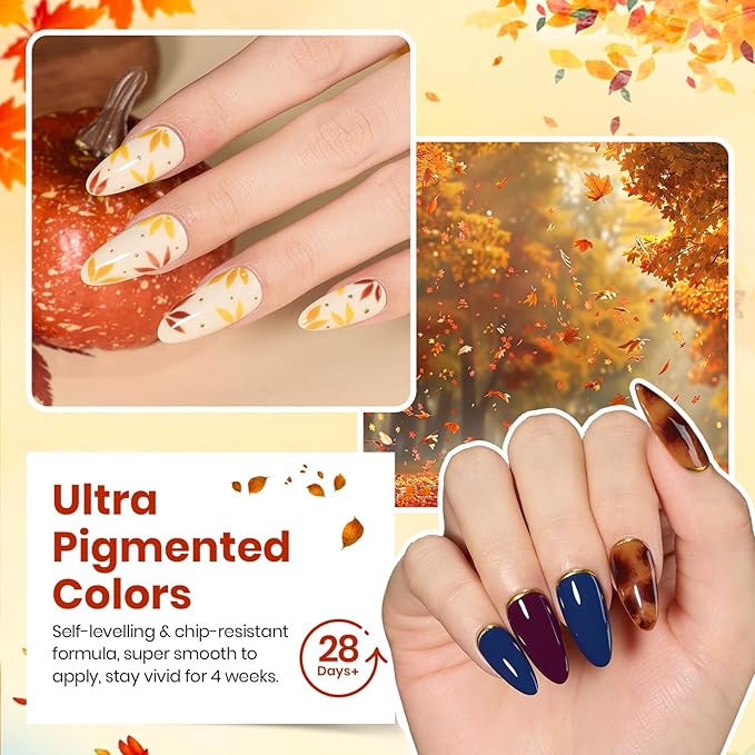 beetles Winter Gel Polish Set - Waltz of Leaves Collection, Brown Orange Red Purple Blue Colors Gel Polish Set With 4pcs Base and Glossy Matte Glitter Top Coat Soak Off UV Led Nails Gift for Women