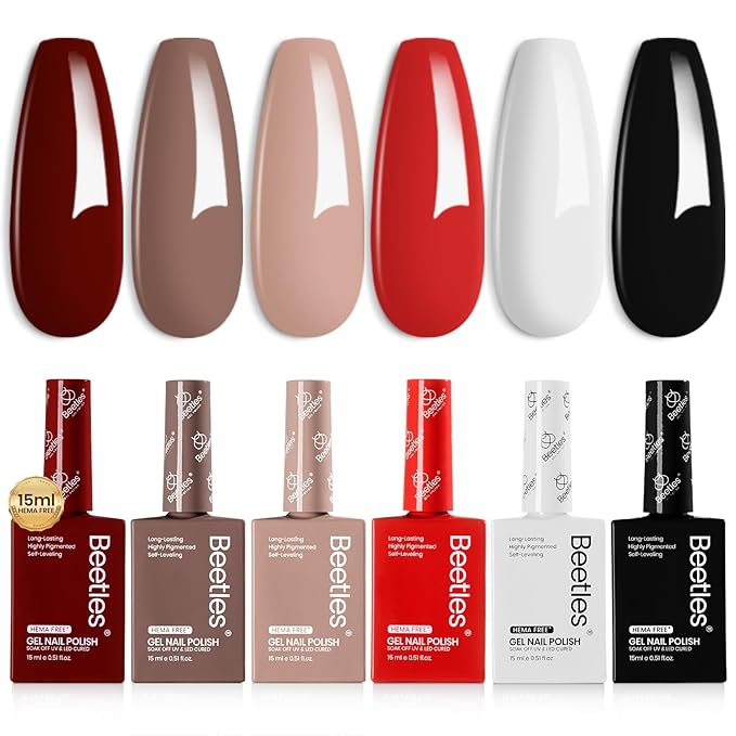 Beetles Fall Winter Gel Nail Polish Set, 6 Colors 15ML Brown Burgundy Black White Red Nude Hema-Free Soft Classics Polish Soak off Uv Led Lamp Nail Art Salon Colorful Bottle Manicure
