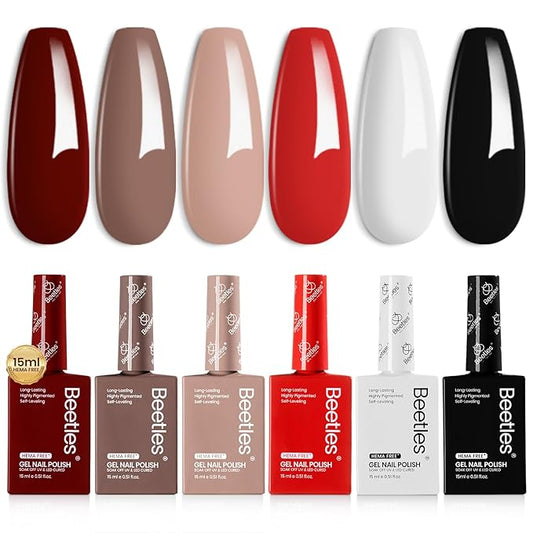 Beetles Fall Winter Gel Nail Polish Set, 6 Colors 15ML Brown Burgundy Black White Red Nude Hema-Free Soft Classics Polish Soak off Uv Led Lamp Nail Art Salon Colorful Bottle Manicure