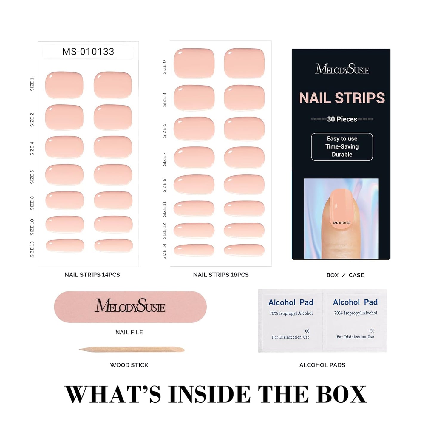 MelodySusie 30PCS Semi Cured Gel Nail Strips, Peach Pink, Salon Quality, Long Lasting, Easy to Apply, Includes 2 Prep Pads, Nail File & Wooden Stick