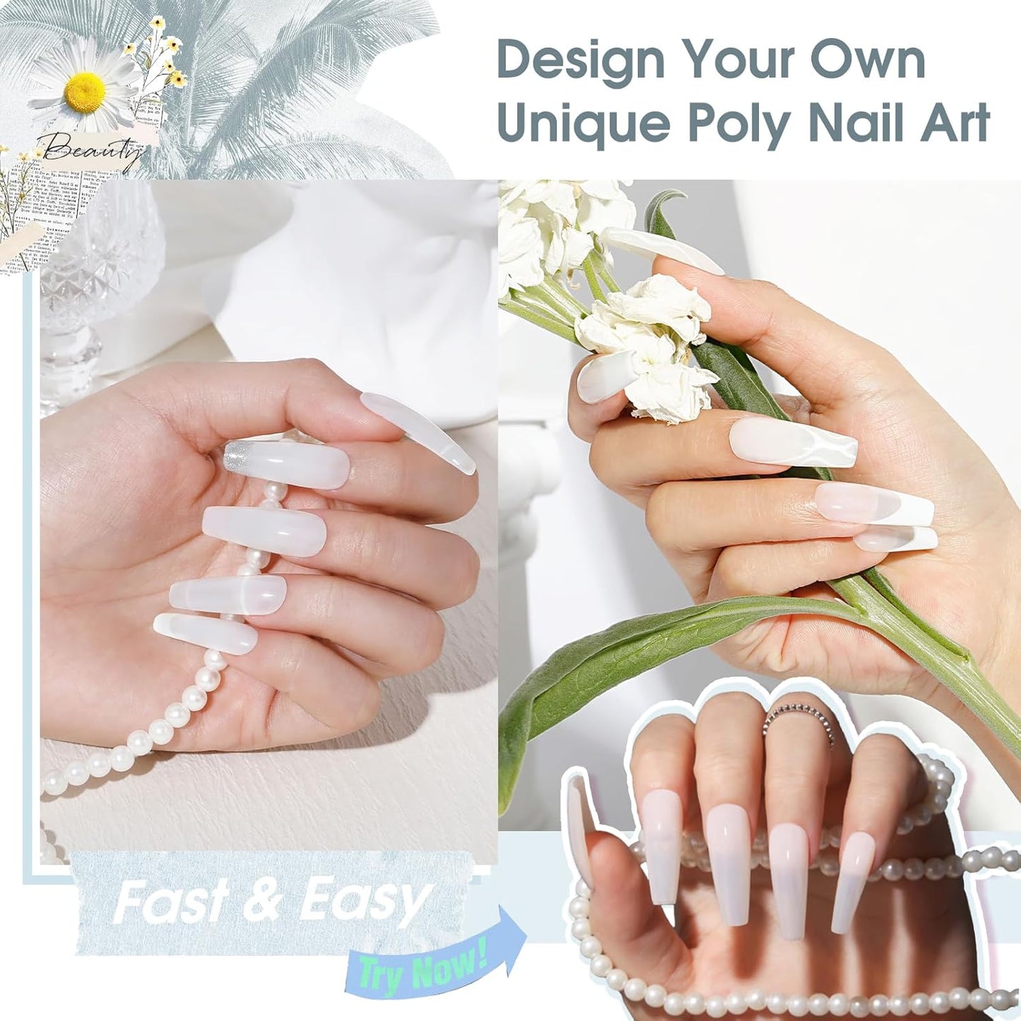 ROSALIND WhitePoly Extension Gel, 2oz/60ml White Poly Nail Gel for Nail Art Decoration, Pure Color Builder White Gel Nail Thickening Poly Extension Easy to DIY Use at Home Need UV Lamp
