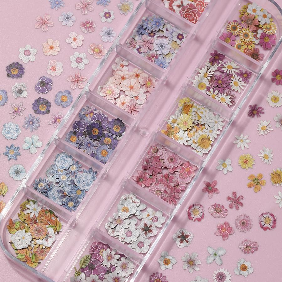300pcs 3D Flower Nail Art Sequins Decals Colorful Mixed Flowers Leaves Design Slice Nail Flowers Ultra Wood Pulp Flakes Sequins 3