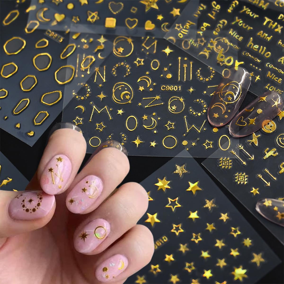 30 Sheets Gold Nail Art Stickers 3D Self-Adhesive Gold Line Nail Stickers Star Moon Heart Nail Design Sticker Lrregular Lines Nail Decals Acrylic Nail Art Supplies for Women