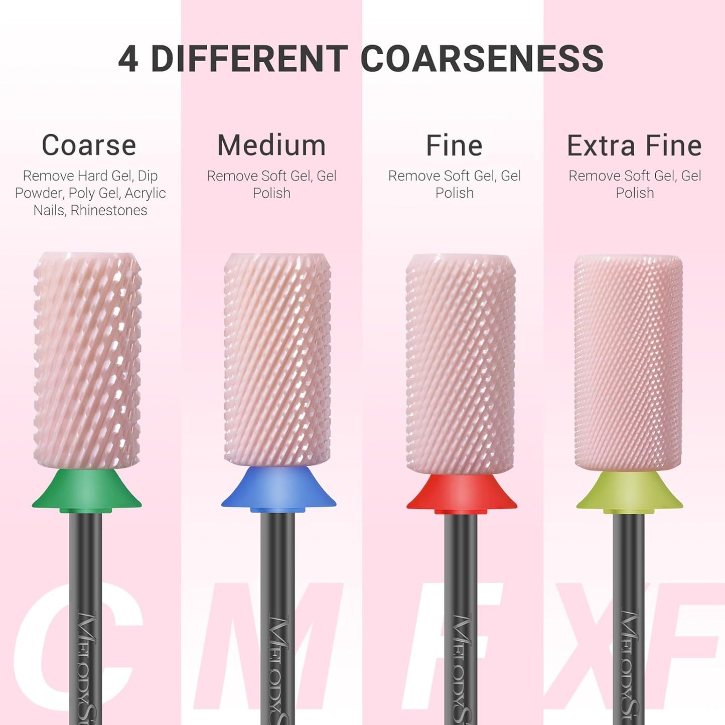 MelodySusie Ceramic Nail Drill Bits, 3/32'' Chamfer Flat Top Large Barrel Bits, Fast Remove Acrylic or Hard Gel, Nail Tool for Manicure Pedicure, Salon Home, Professional or Beginner, Pink, Fine