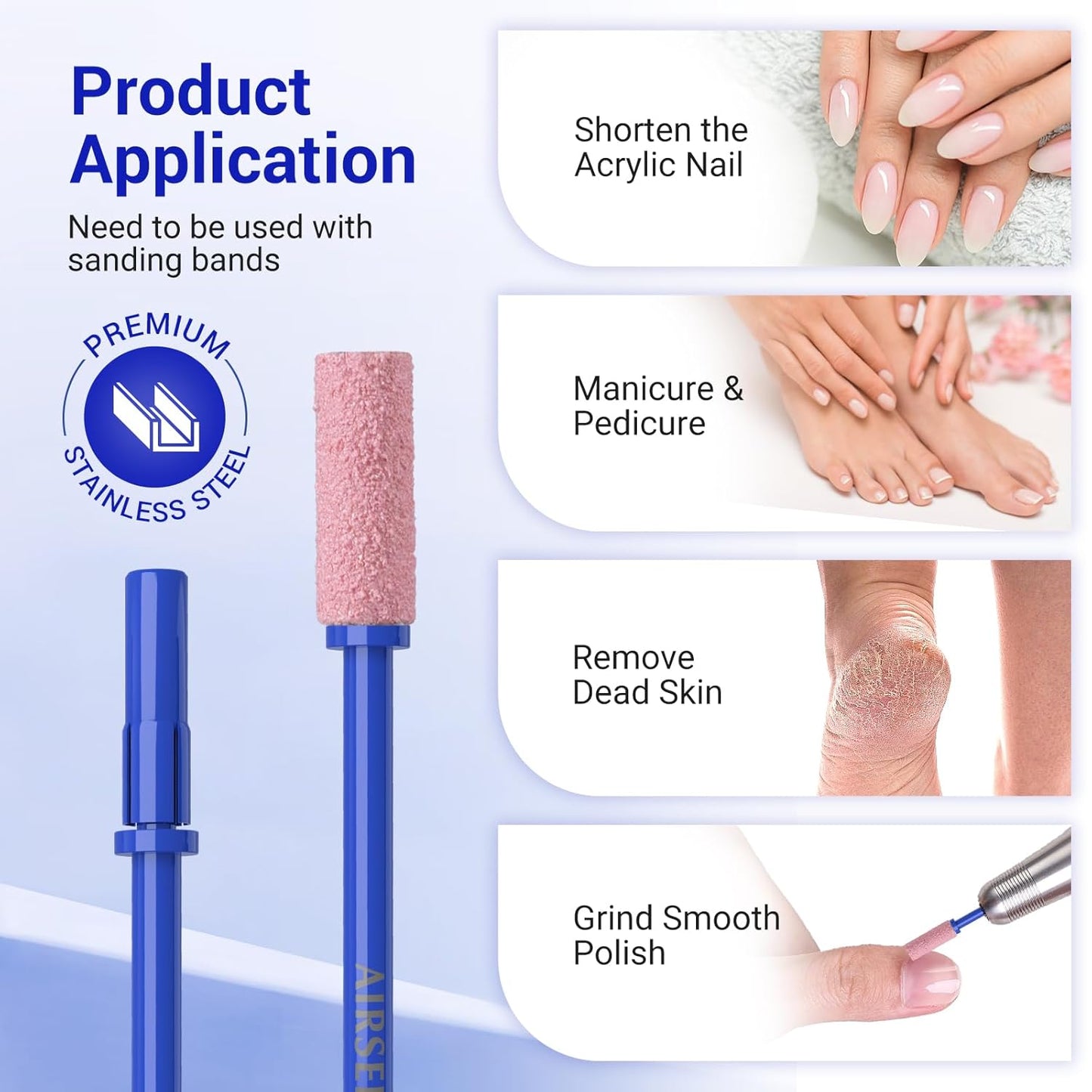 AIRSEE 3.1mm Small Nail Drill Mandrel Bits for Mini Efile Sanding Bands, Stainless Steel Professional Electric Head Clean Remove Cuticle Removing, Acrylic Manicure Sander Safety (Klein Blue)