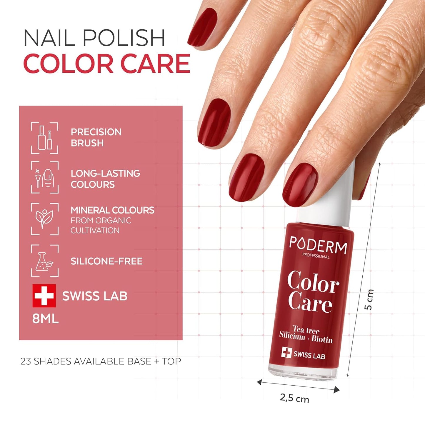 PODERM - Nail Polish – Enriched with Tea Tree – Improves nail appearance – Ingredients Natural/Vegan - foot/hand - Swiss Made (Red Allure)