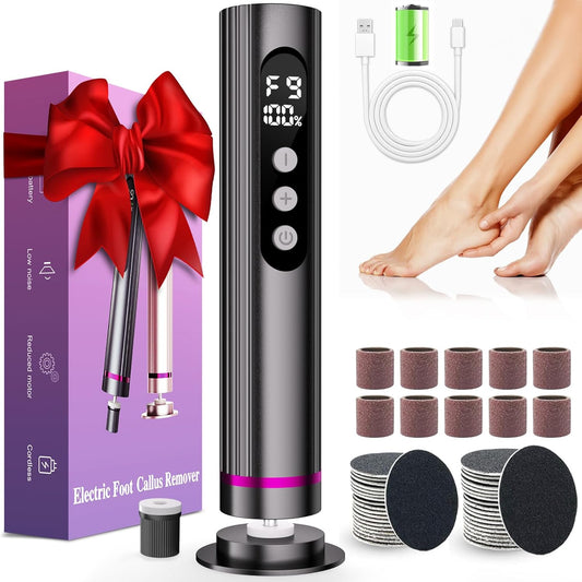 Dermave Electric Foot Callus Remover Cordless, 2 in 1 Wireless Electric Foot File, Adjustable 9 Speed Rechargeable Pedicure Foot Filer Tool w/Sandpaper Discs & Nail Drill Bits, Digital Display (Gray)