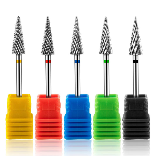 Mesee 5 Pieces Tapered Nib Nail Drill Bit Set, 3/32'' Carbide Tungsten Multi-function Bits Professional Electric Cuticle Drill Bits for Acrylic Gel Nails Polish Cuticle Removal