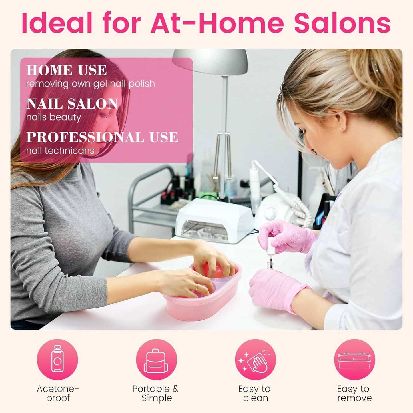 Dual Nail Soaking Bowl, Soak Off Gel Polish Remover Bowl for Home Users, Time Saver Manicure Bowl for Dip Powder/Gel/Acrylic Removal at Home & Salon, Pink
