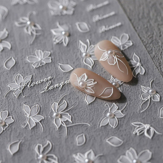Flower Nail Stickers White Nail Art Stickers Pearl Floral Nail Decals Self-Adhesive 5D Embossed Nail Decals for Women Girls Acrylic Nails Manicure DIY Nail Supplies