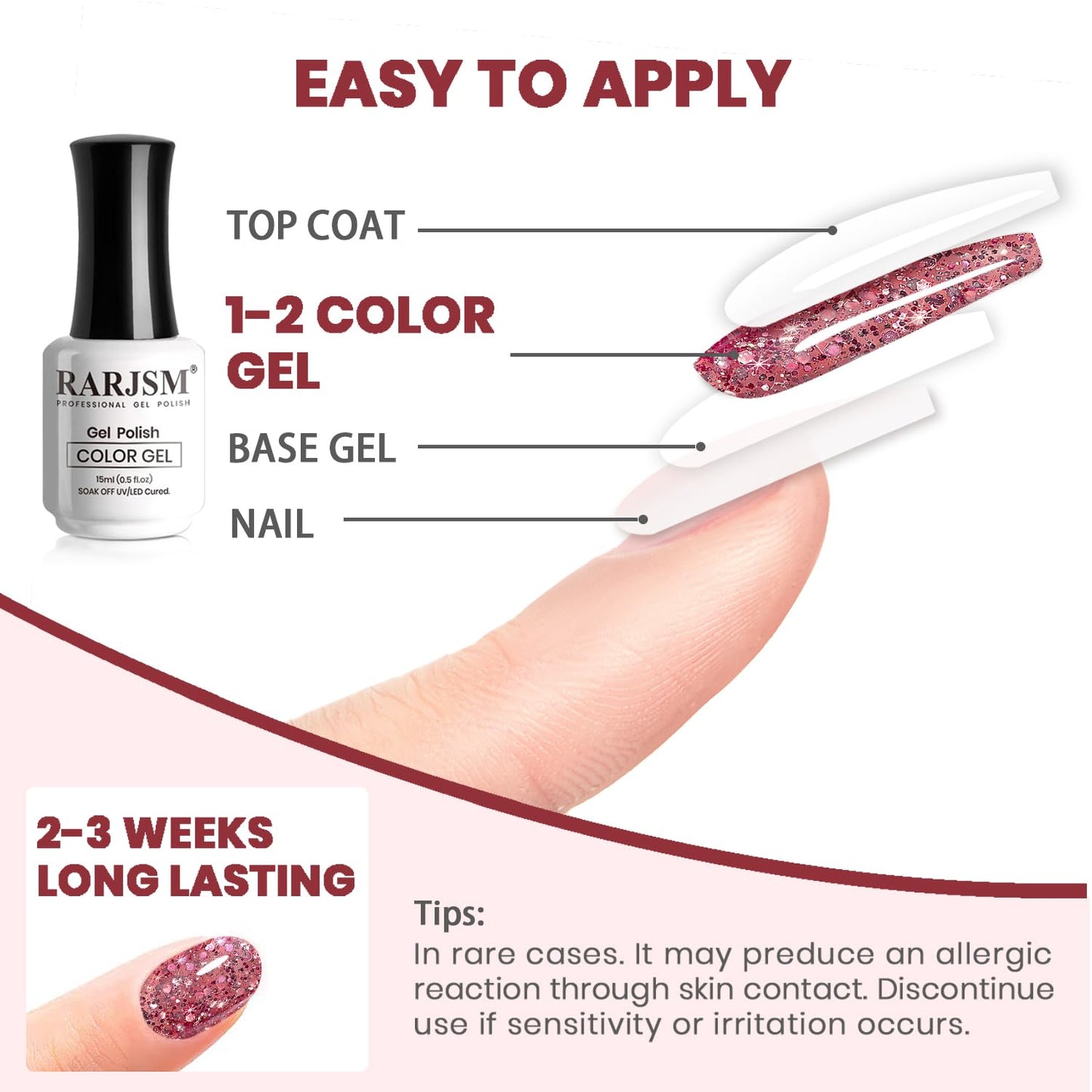 RARJSM Rose Glitter Gel Nail Polish Big Flakes Diamond Sparkly Chunky Rose Pink Shimmer Pigments Nail Gel Polish Soak off L e d U V Curing Required for Nail Art Salon Fall Winter Christmas Manicure