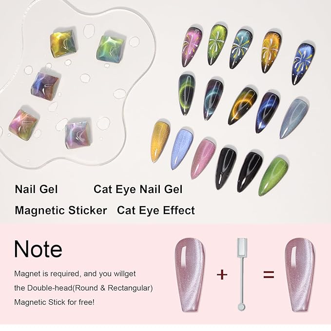 9D Cat Eye Gel Nail Polish, 7.5ml*6 with Magnets Stick, Galaxy Chameleon Effect Silky Cat Eye Nail Gel Soak Off Nail Art Salon Manicure Home Ladies Gift