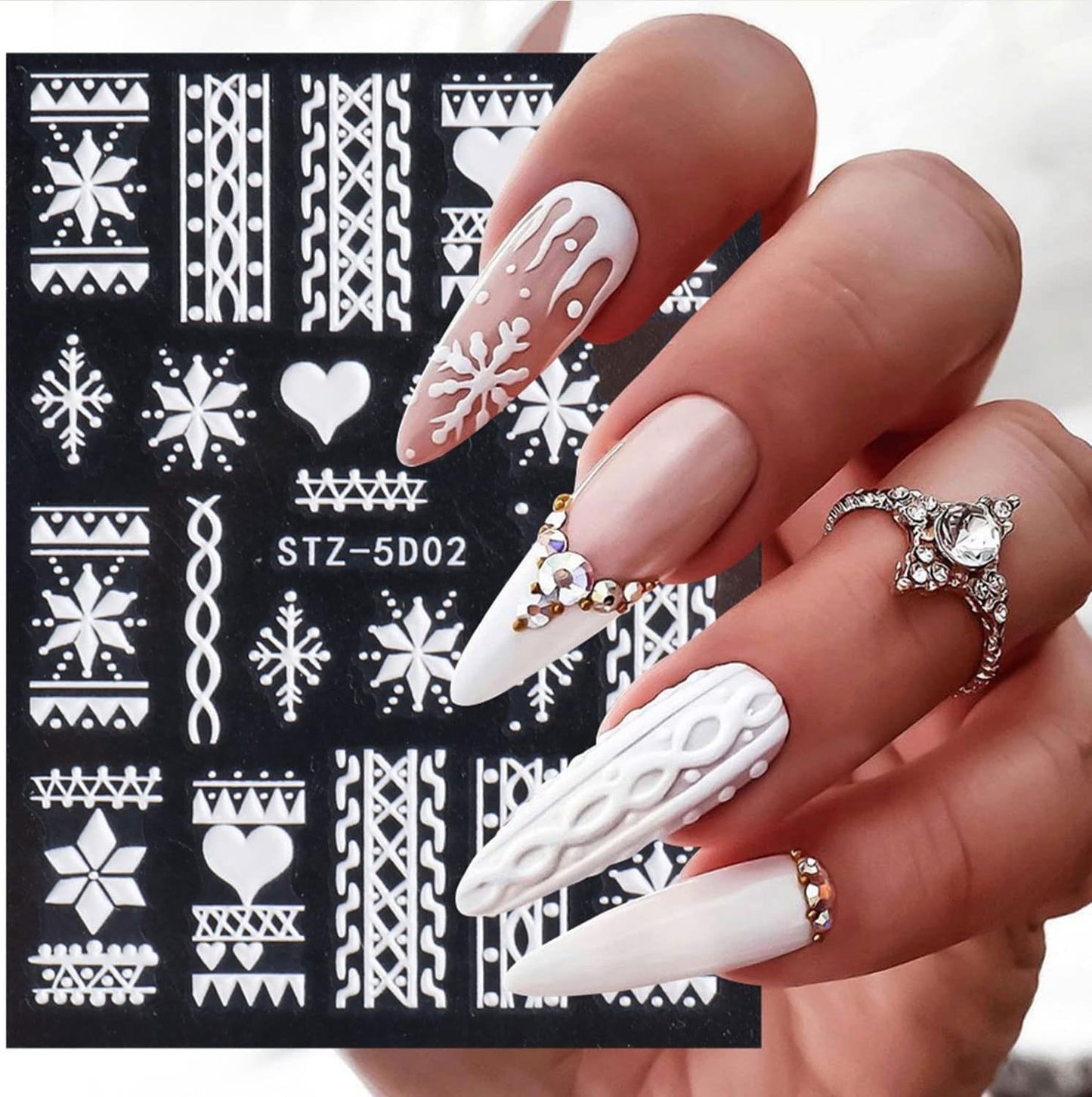 5D Embossed Snowflake Nail Art Stickers Christmas Nail Decal White Flower Lace Nail Decal Snowflake Leaf Nail Sticker Design Self-Adhesive Nail Decoration Supplies for Women DIY Christmas Manicure