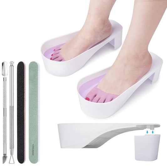 Toe Nail Soaking Bowl Acetone Proof: 1Pair Soak Off Dip Powder Gel Polish Remover - Manicure Bowl for Toenails Soaking with Cuticle Pusher, Cuticle Peeler, Nail File Buffer (White)