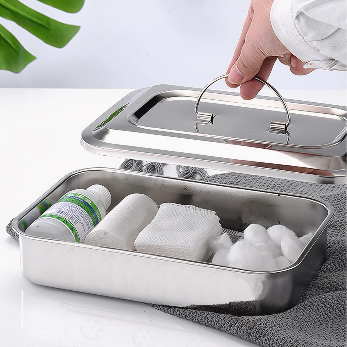 Easyinsmile Medical Surgical Tray Dental Sterilization Instruments Tray Organizer Holder with Lid & Handle Grip (Silver)