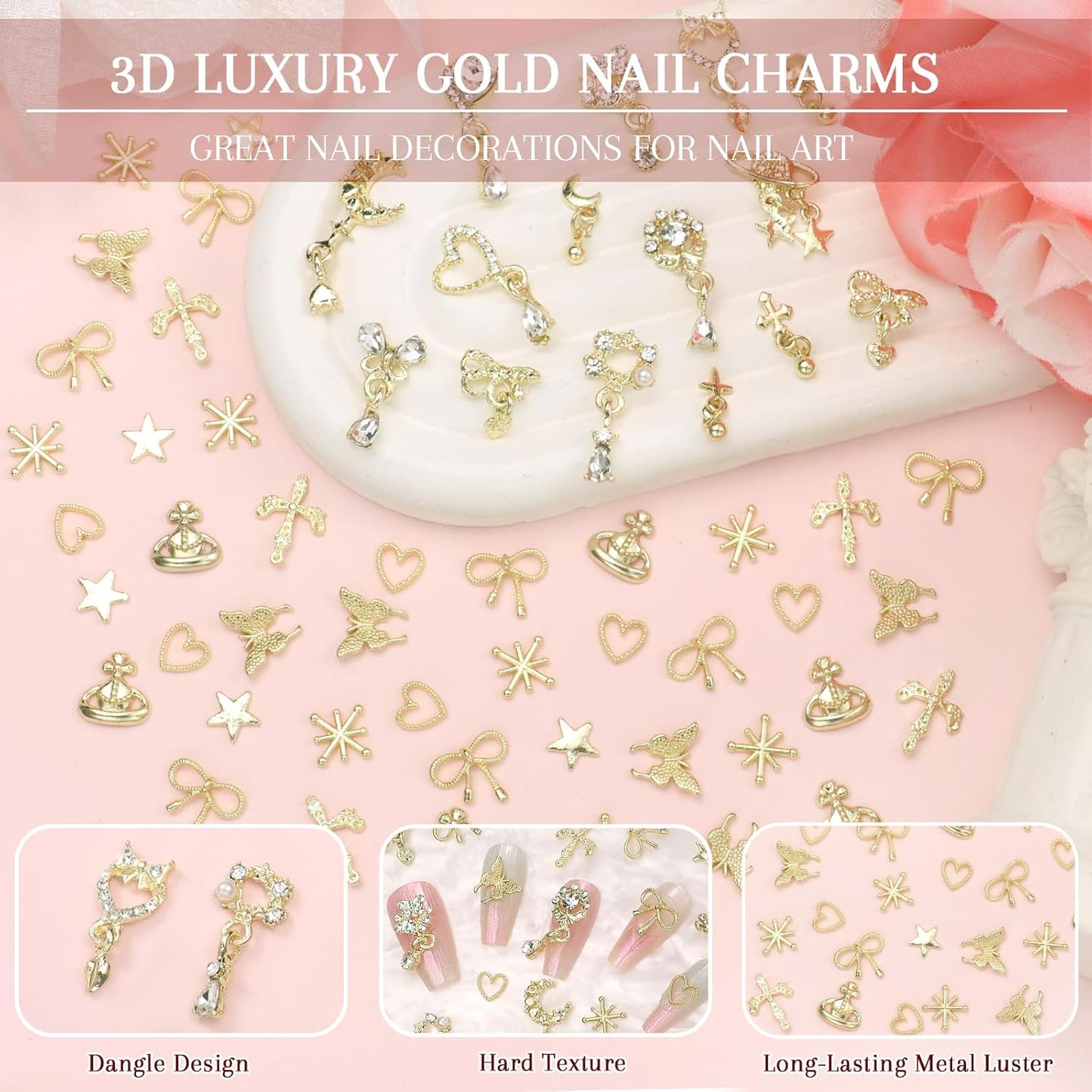 100Pcs Dangle Gold Nail Charms, Gold Cross Star Heart Crown Planet Bows Butterfly Nail Gems Charms, Golden Nails Art Supplies Women DIY Accessories