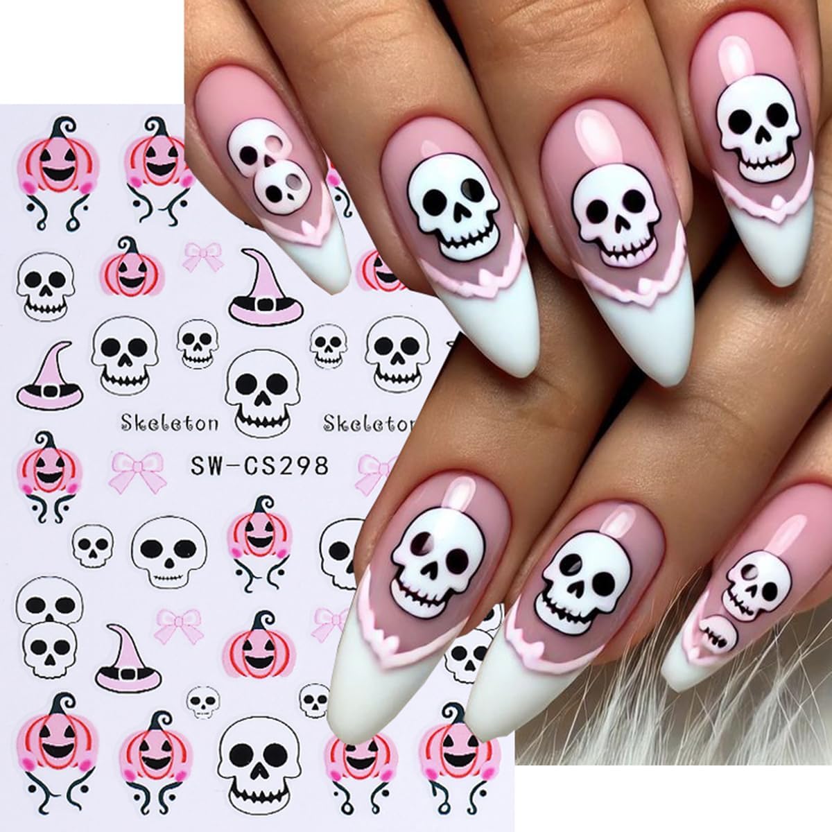 Halloween Nail Art Stickers Decals Skull Bat 3D Self-Adhesive Nail Decals Nail Art Supplies 6PCS Spider Web Butterfly Pumpkin Halloween Nails Design Manicure Sliders for Women DIY Nail Decorations