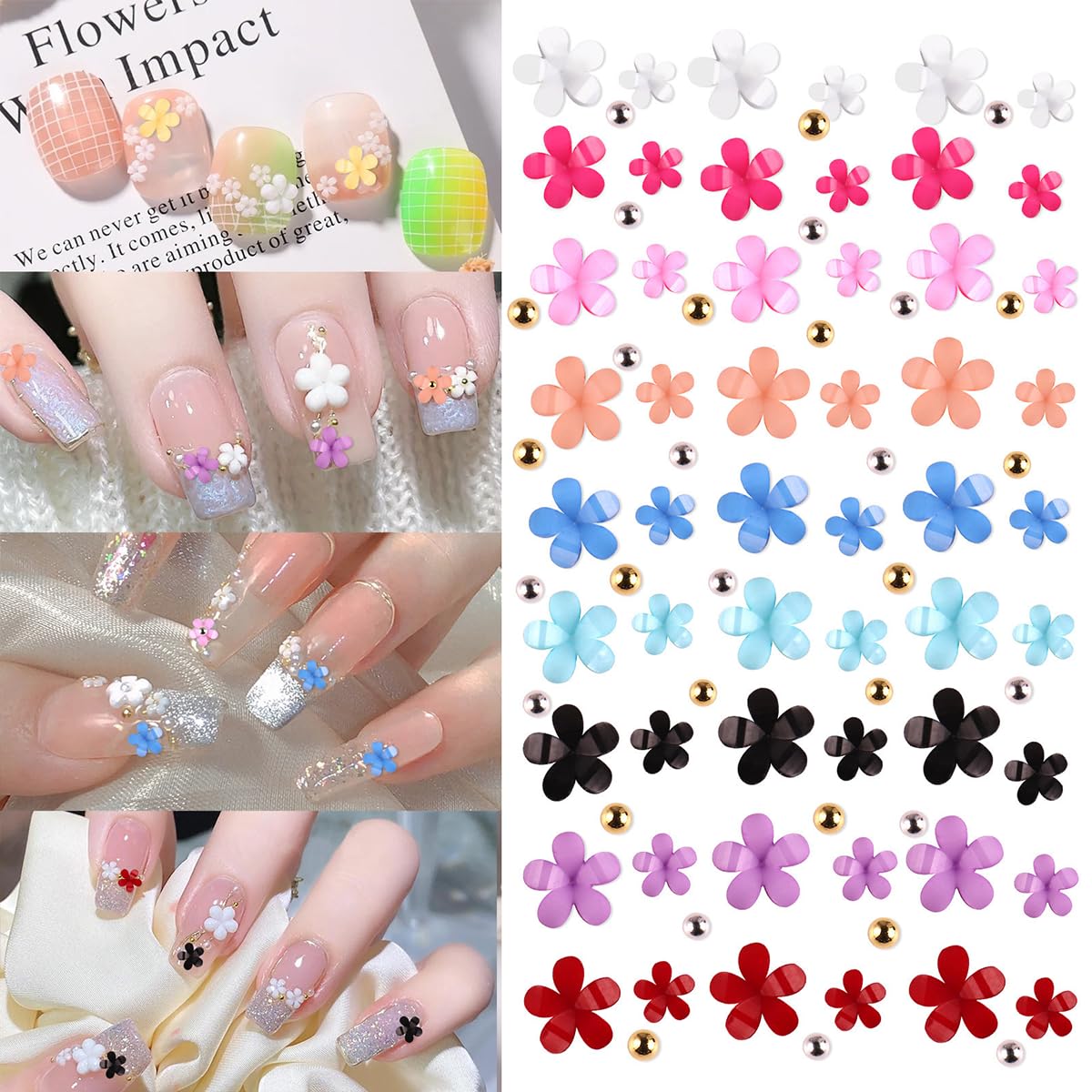 Flower Nail Charms Nail Art Kit with 30 Sheets Flower Nail Stickers 12 Boxes Colorful Flower with Rhinestone Nail Supplies 3D Nail Charms,Flower Nail Decals for Women Acrylic DIY Nail Art Decoration
