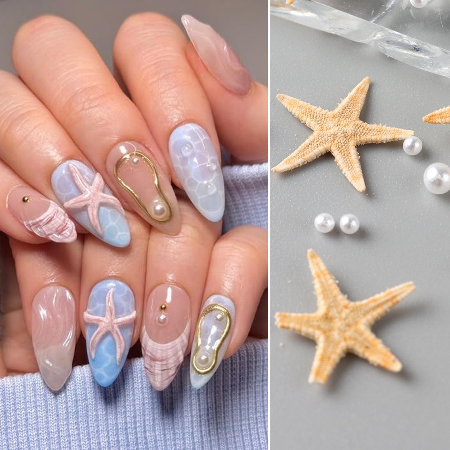 Summer Nail Art Rhinestones Ocean Nail Charm Shiny Shell Starfish Pearl Nail Design 3D Beach Theme Summer Nails Cute Nail Charm for Acrylic Nail Supplies DIY Crafts Manicure Decoration Accessories