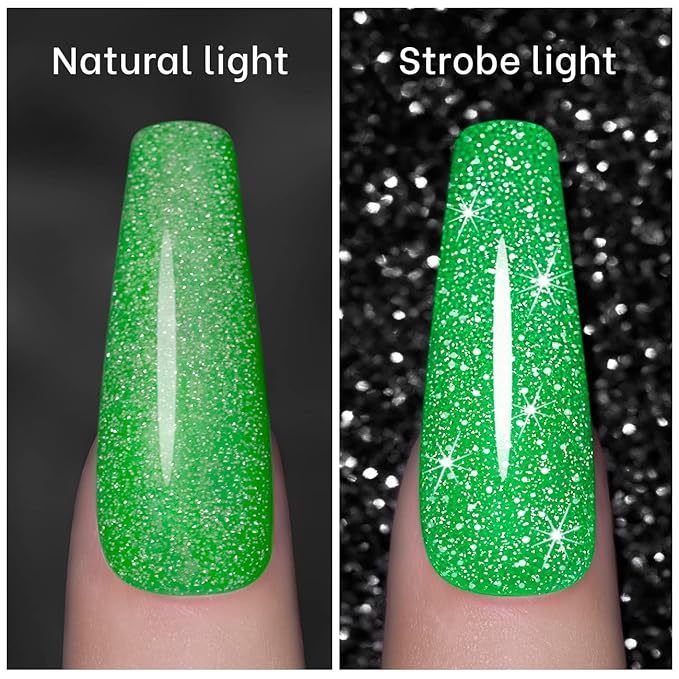 RARJSM Green Gel Nail Polish, 7.5ml 0.25Floz Reflective Gel Nailpolish Glitter Gelpolish Summer Candy Collection Diamond Shimmer Neon Green Nailgel for Starter Nail DIY U V L E D Required