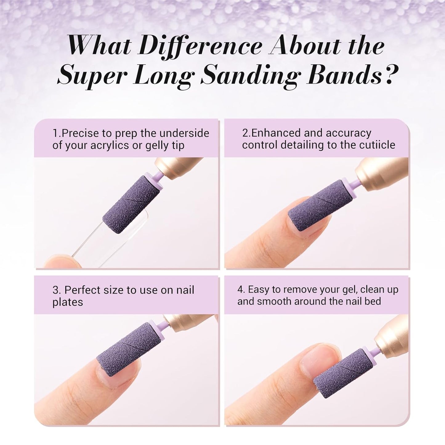 MelodySusie 50 Pcs Nail Drill Bits Super Long Sanding Bands with 6.65mm Crystal Mandrel Bit, 240 Extreme Fine Grit Nail File for Acrylic Nails Gel Manicures and Pedicure, Purple